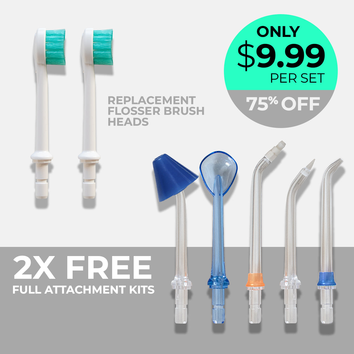 2 Flosser Brush Heads + 2 FREE Sets of Attachments